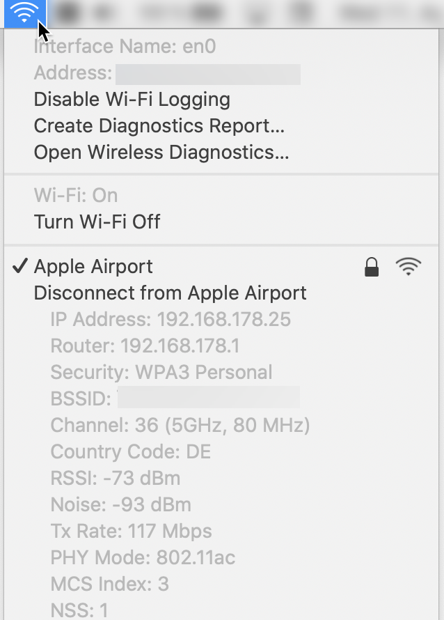 Menu Wi-Fi avec options cachées
