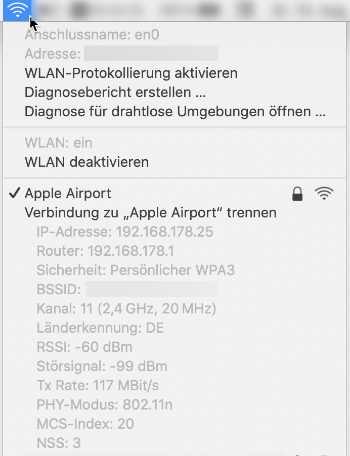 WLAN Menü mit versteckten Optionen WLAN Menü mit versteckten Optionen