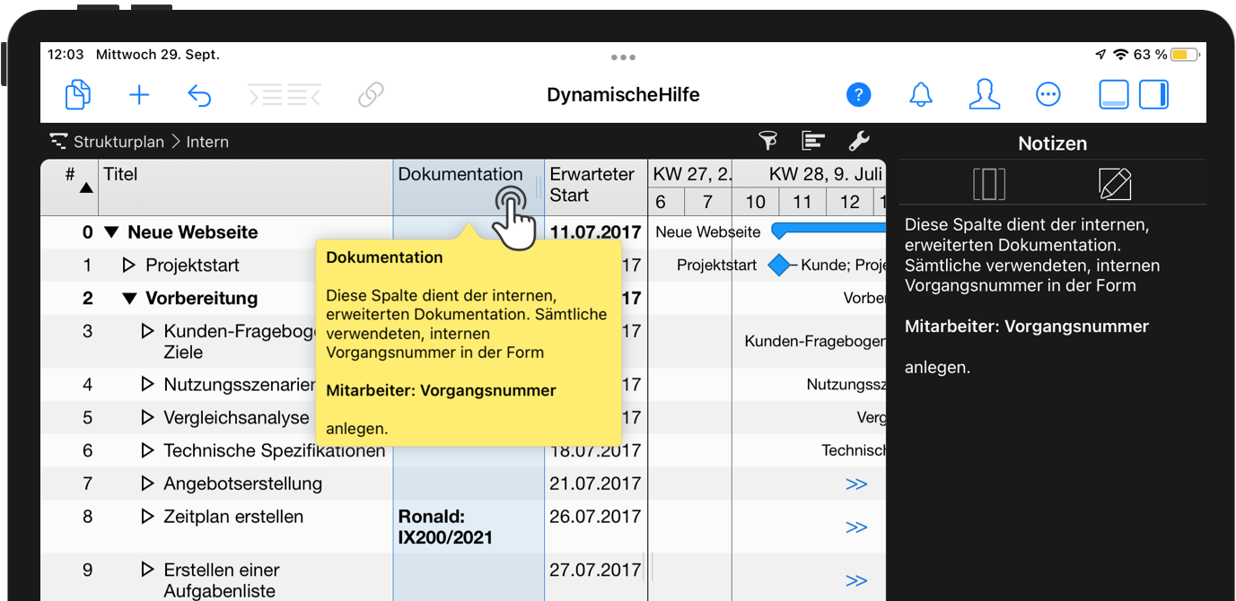 Aktivierte Hilfe für individuelle Spalte auf dem iPad