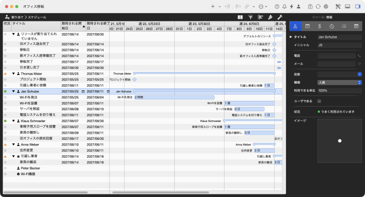 Merlin Project のオフィス移転の割り当ての表示「スケジュール」。リソースとその割り当て、状況、タイムバー