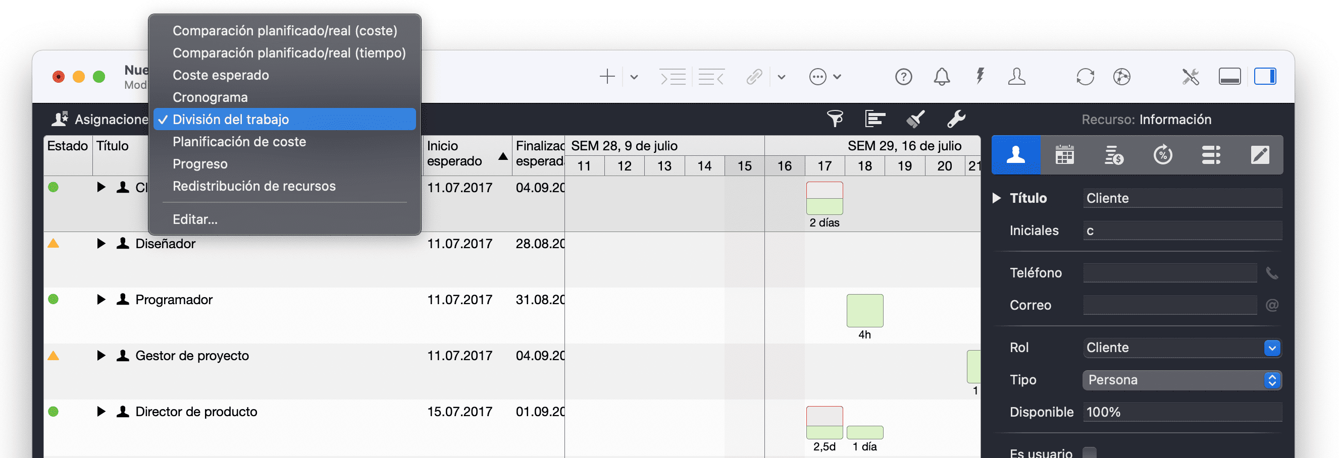 Vista de la asignación en Merlin Project