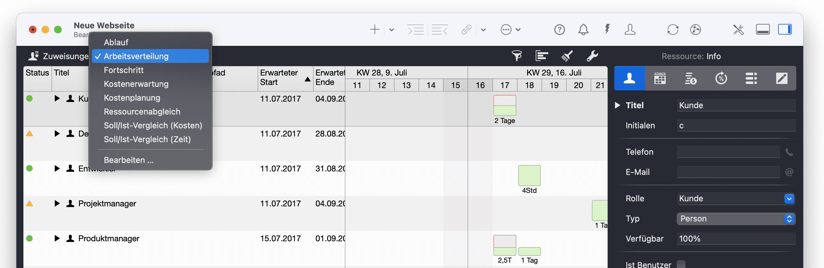 Zuweisungsansicht in Merlin Project Zuweisungsansicht in Merlin Project