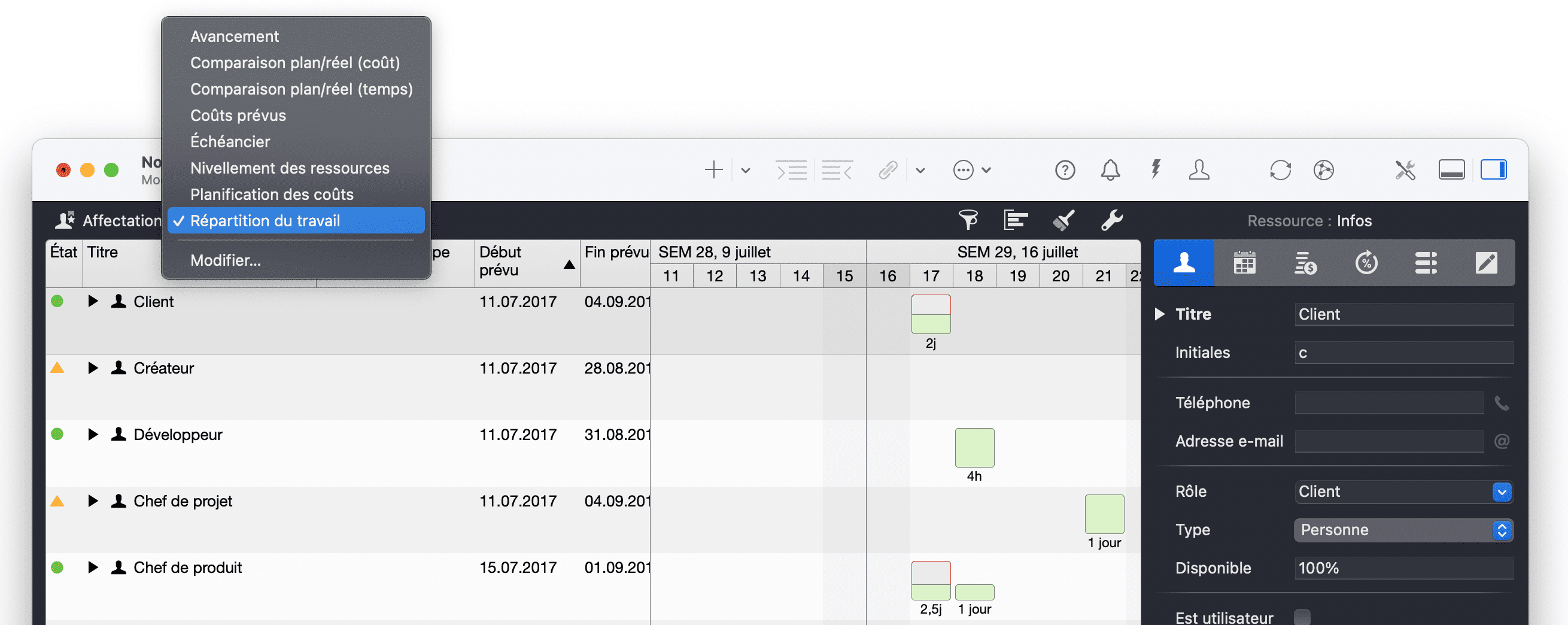 Vue des affectations dans Merlin Project