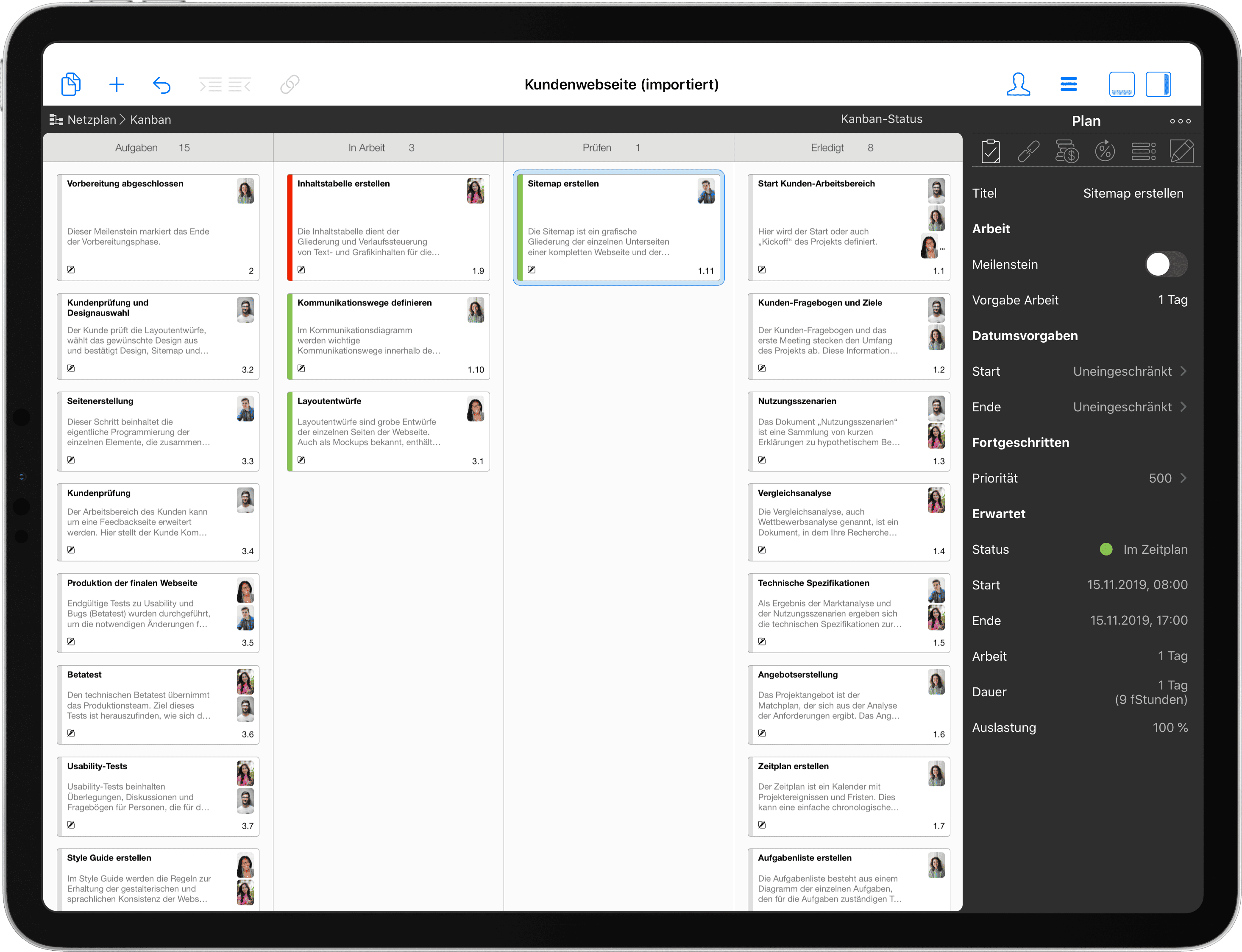 Kanban-Tafel in Merlin Project