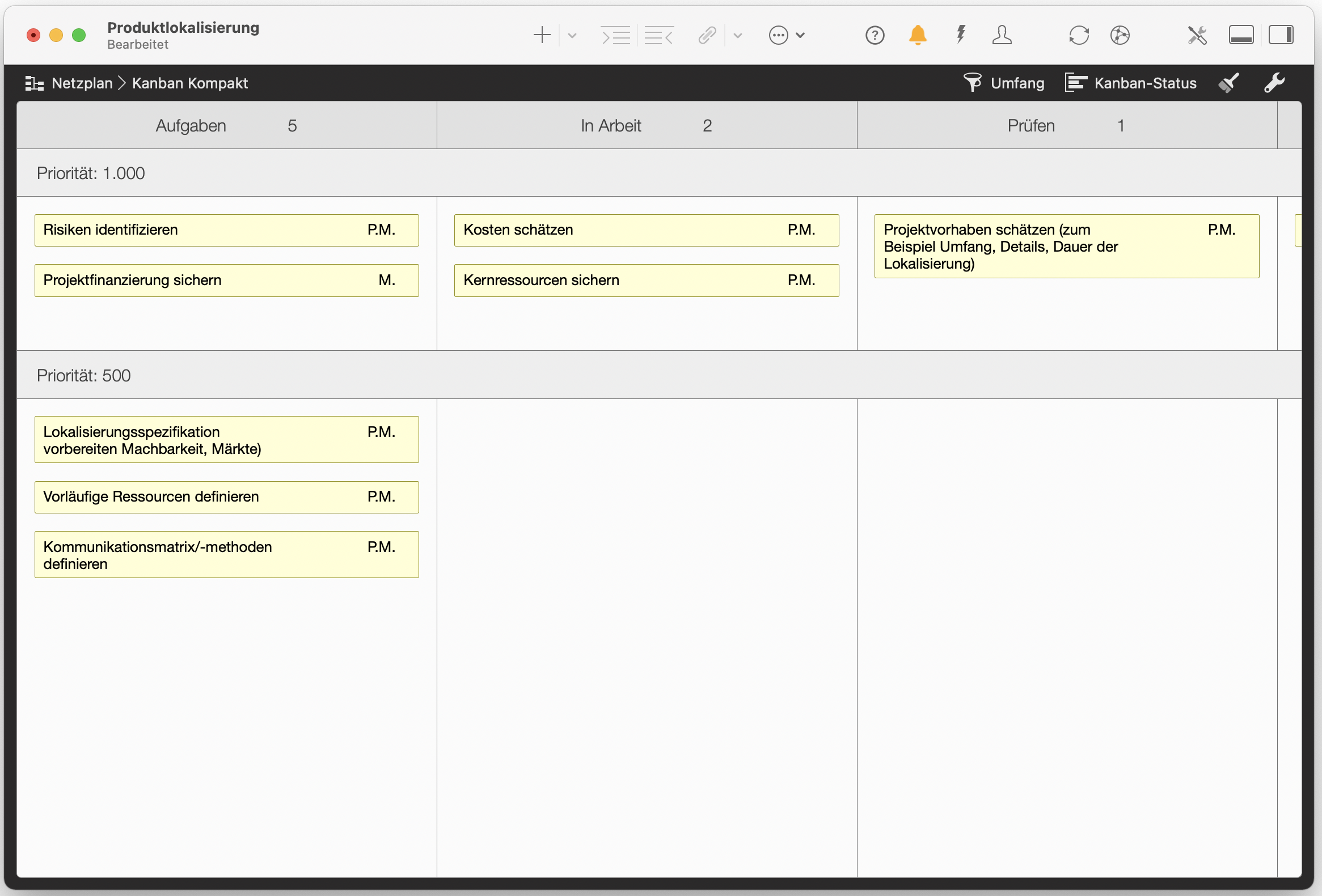 Kanban-Tafel, Aufgaben in Arbeit