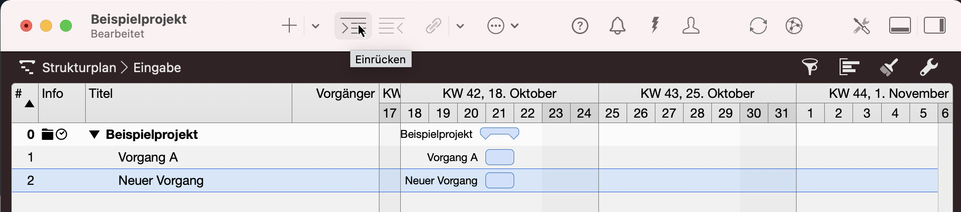 Merlin Project - Vorgang einrücken
