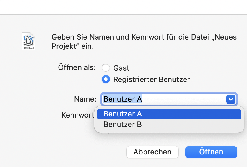 Anmeldedialog Benutzer A