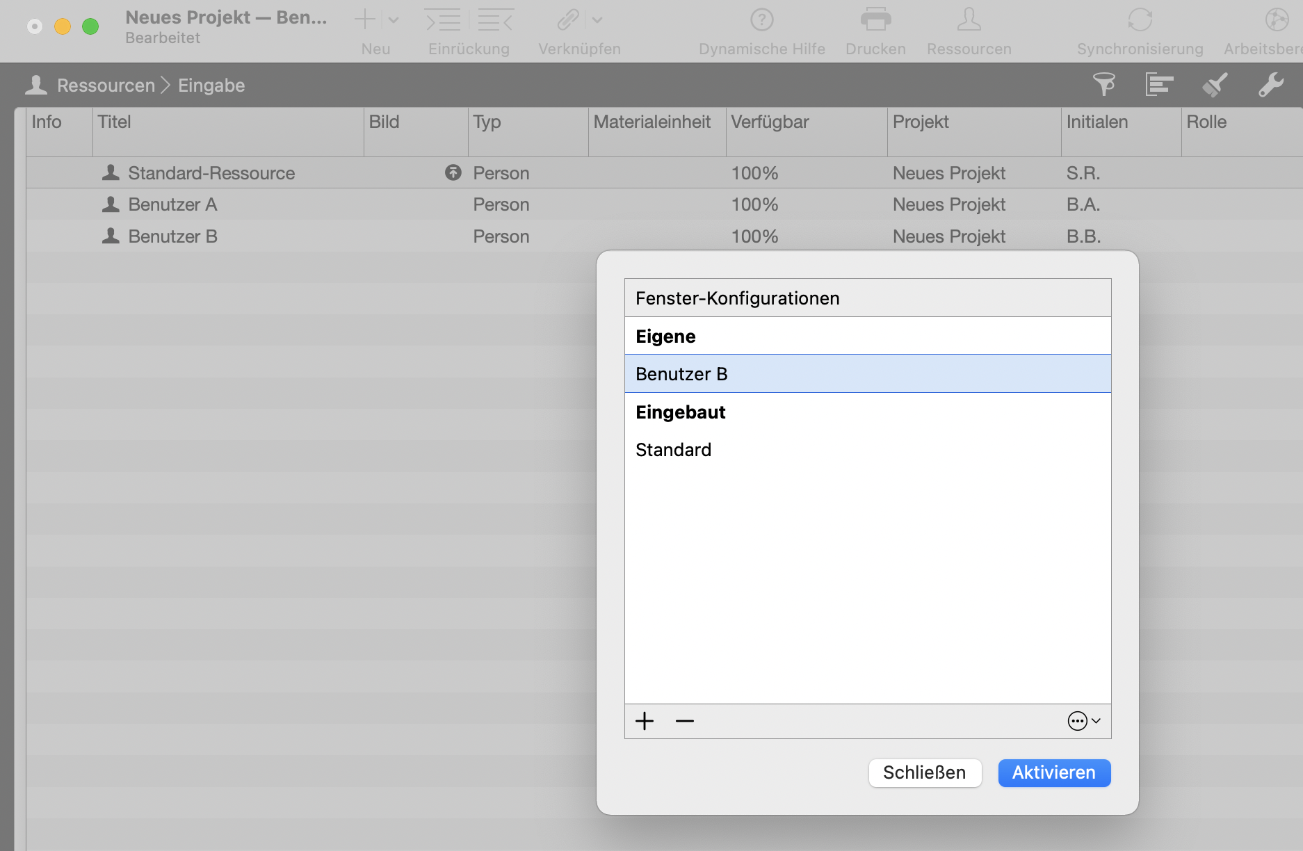 Fensterkonfiguration Benutzer B