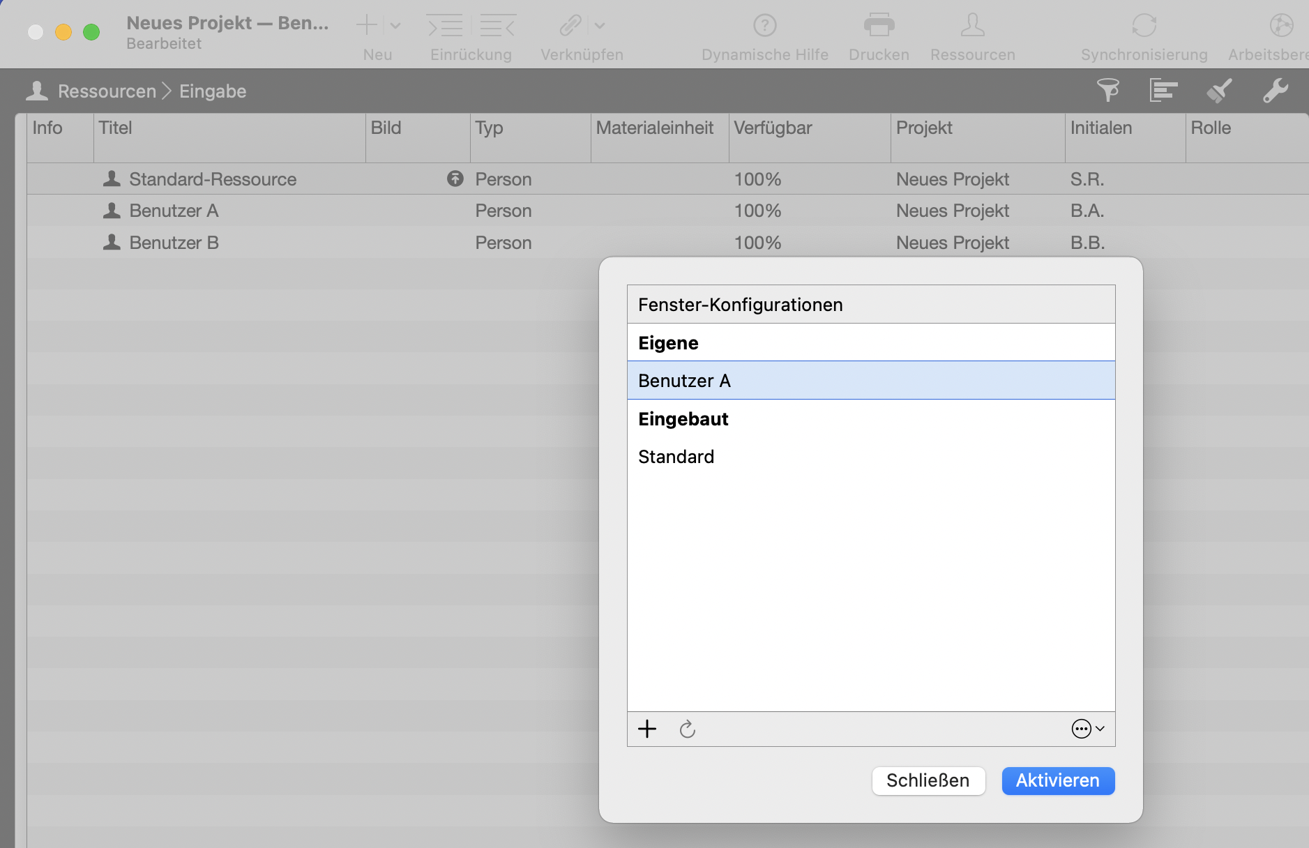 Fensterkonfiguration Benutzer A