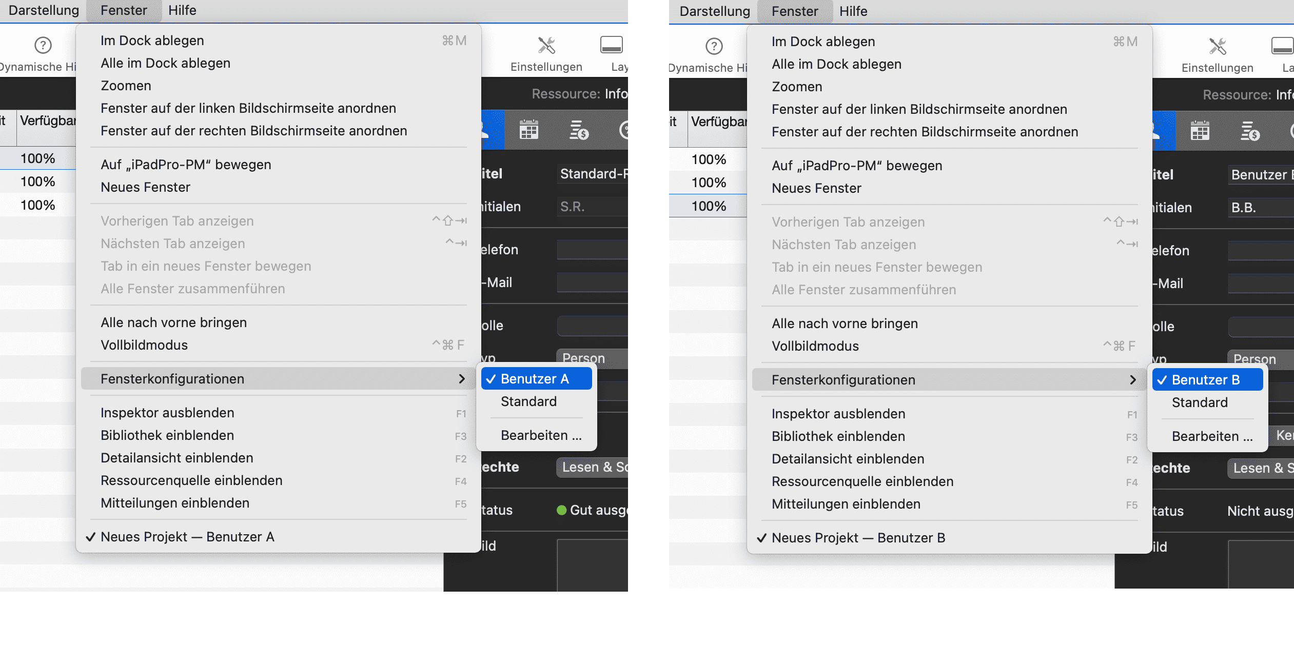 Fensterkonfigurationen aktiv getrennt für jeden Anwender