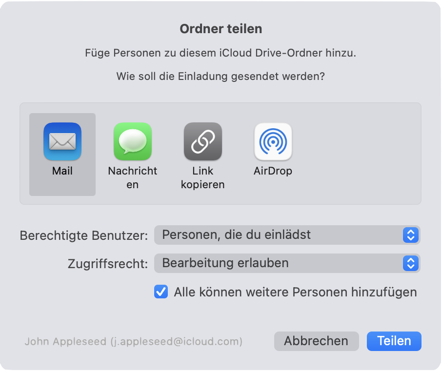 iCloud Drive - Freigabeoptionen iCloud Drive - Freigabeoptionen