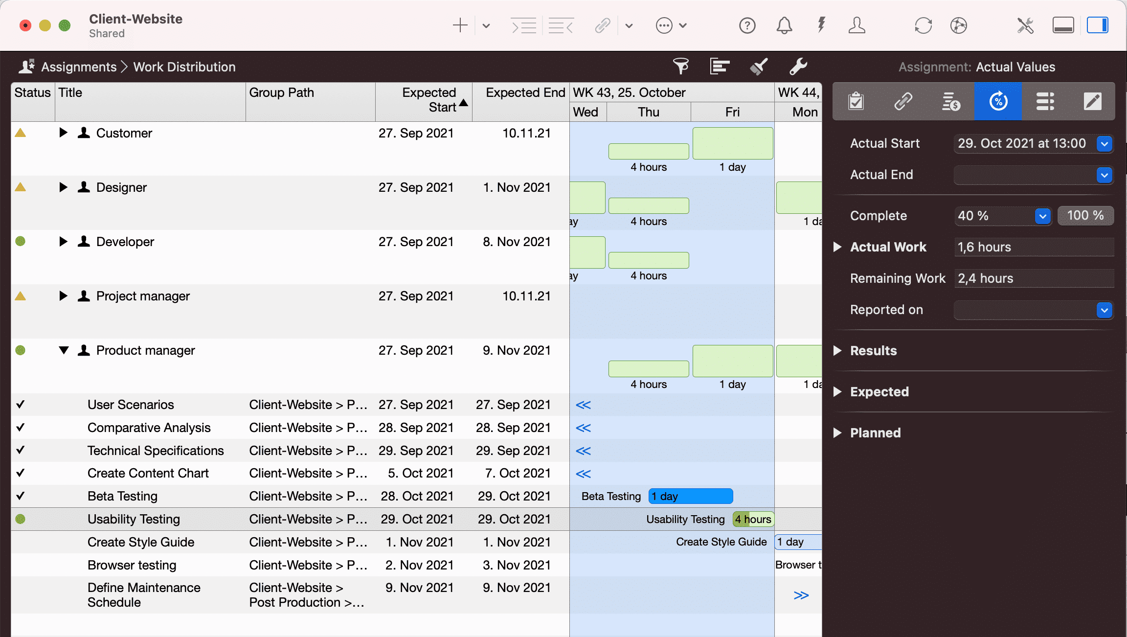 Merlin Project - Assignments > Work Distribution Reporting on Actual Values