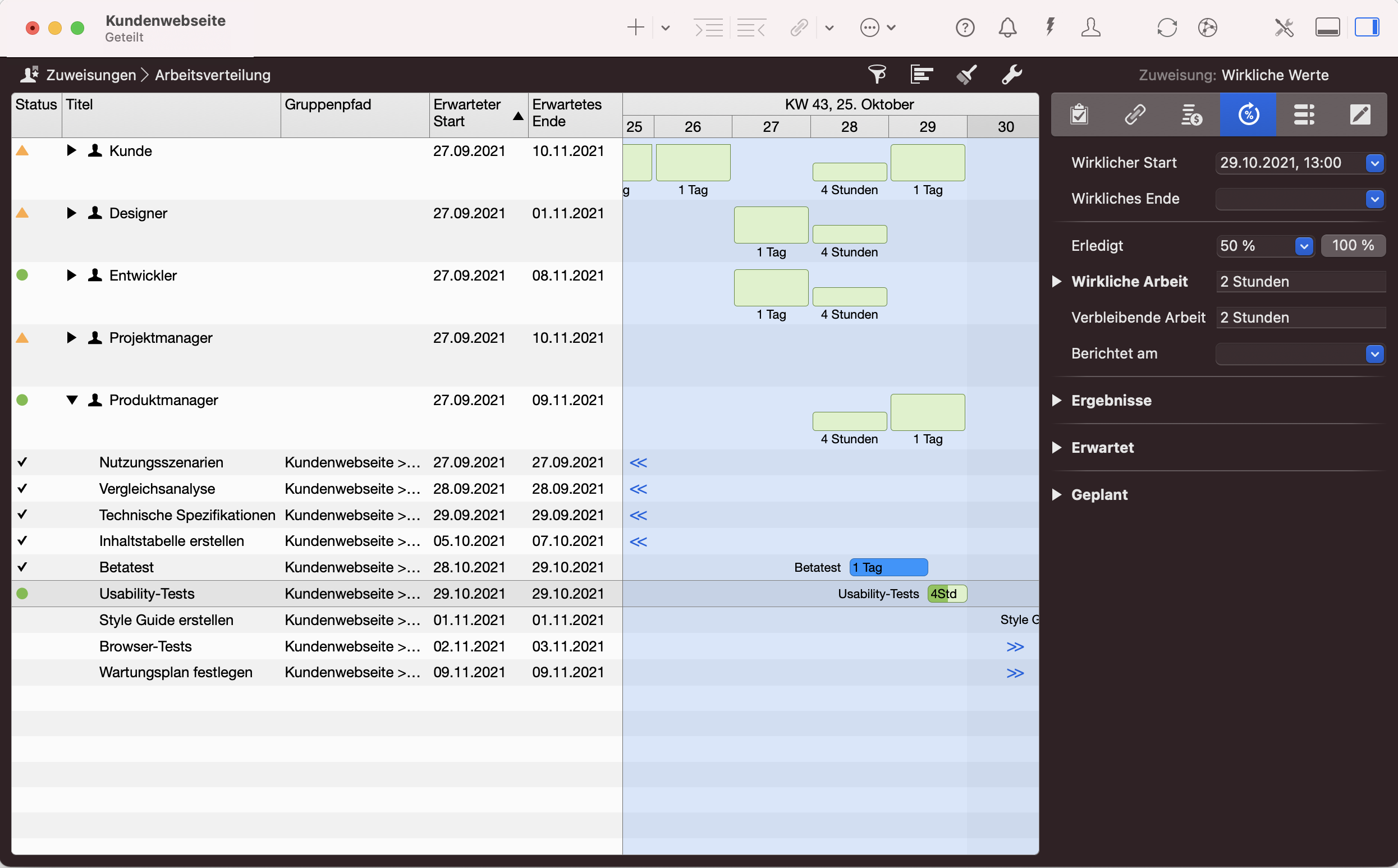 Merlin Project - Zuweisungen > Arbeitsverteilung - Eintragen von wirklicher Werte Merlin Project - Zuweisungen > Arbeitsverteilung - Eintragen von wirklicher Werte