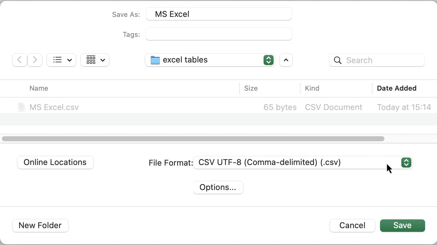 Select CSV UTF-8 Comma-delimited .csv