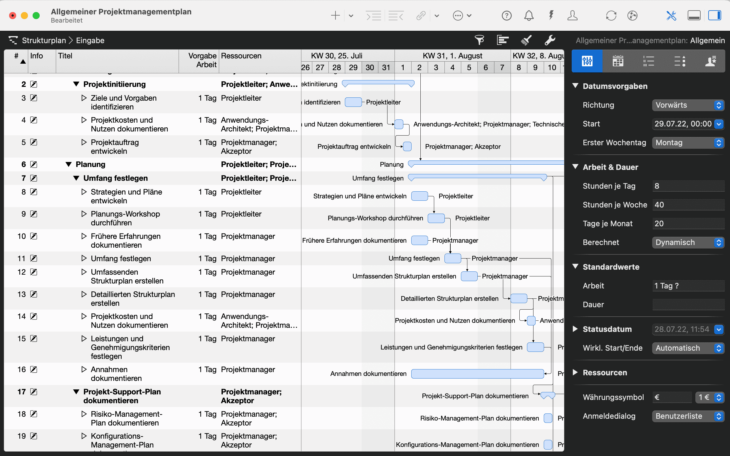 Allgemeiner Projektmanagementplan in Merlin Project