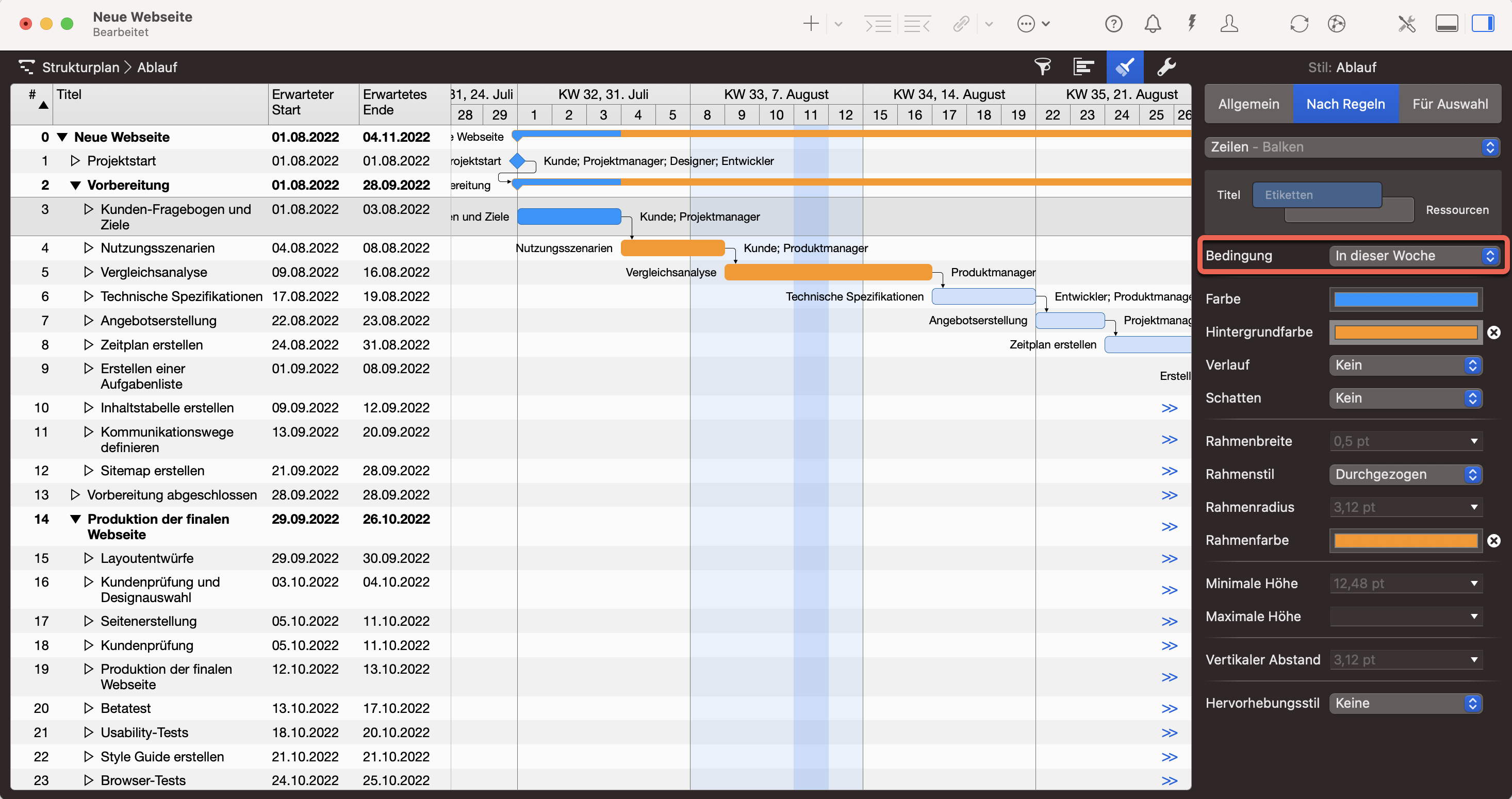 Merlin Project - Vorgänge der aktuellen Woche nach Regeln anpassen