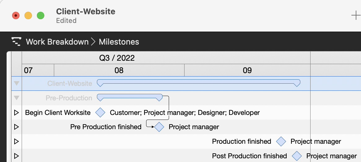 „Structure plan > Milestones“ view in Merlin Project