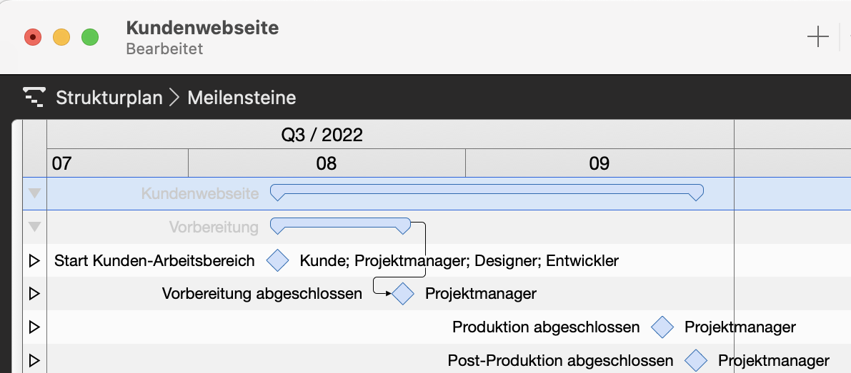Ansicht „Strukturplan > Meilensteine“ in Merlin Project Ansicht „Strukturplan > Meilensteine“ in Merlin Project