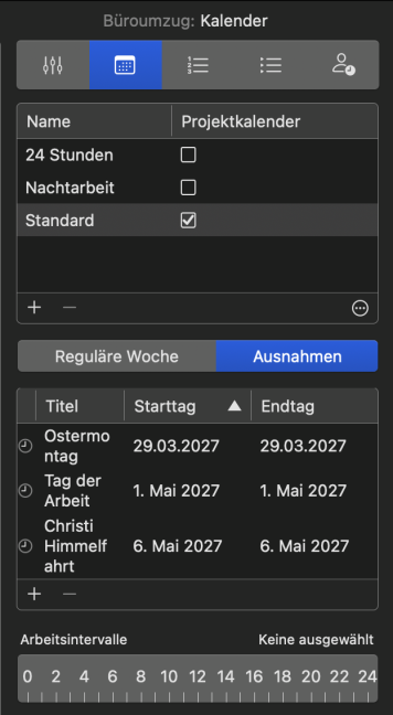 Projekteinstellungen von Merlin Project, Reiter Kalender mit den Ausnahmen Ostermontag, Tag der Arbeit und Christi Himmelfahrt