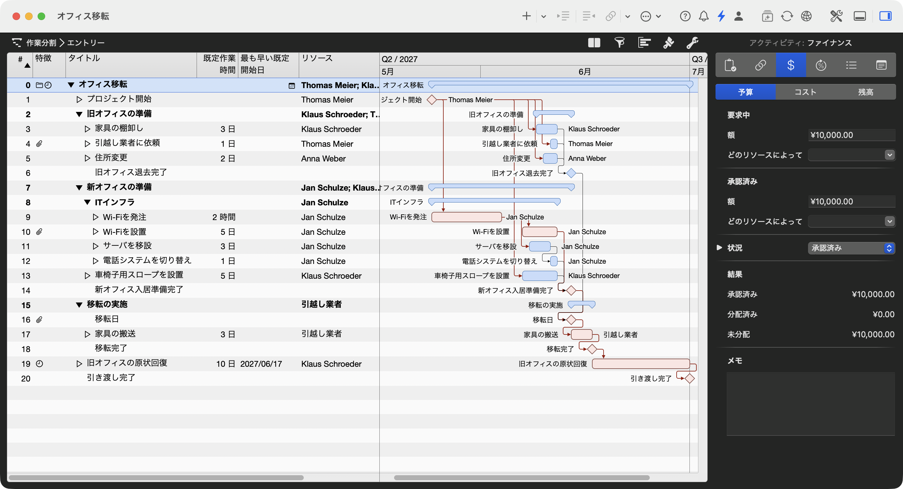Merlin Project のオフィス移転。表示 › クリティカルパスを表示 で、Wi-Fiを発注から引き渡し完了までの連なりが赤く表示される Merlin Project のオフィス移転。表示 › クリティカルパスを表示 で、Wi-Fiを発注から引き渡し完了までの連なりが赤く表示される