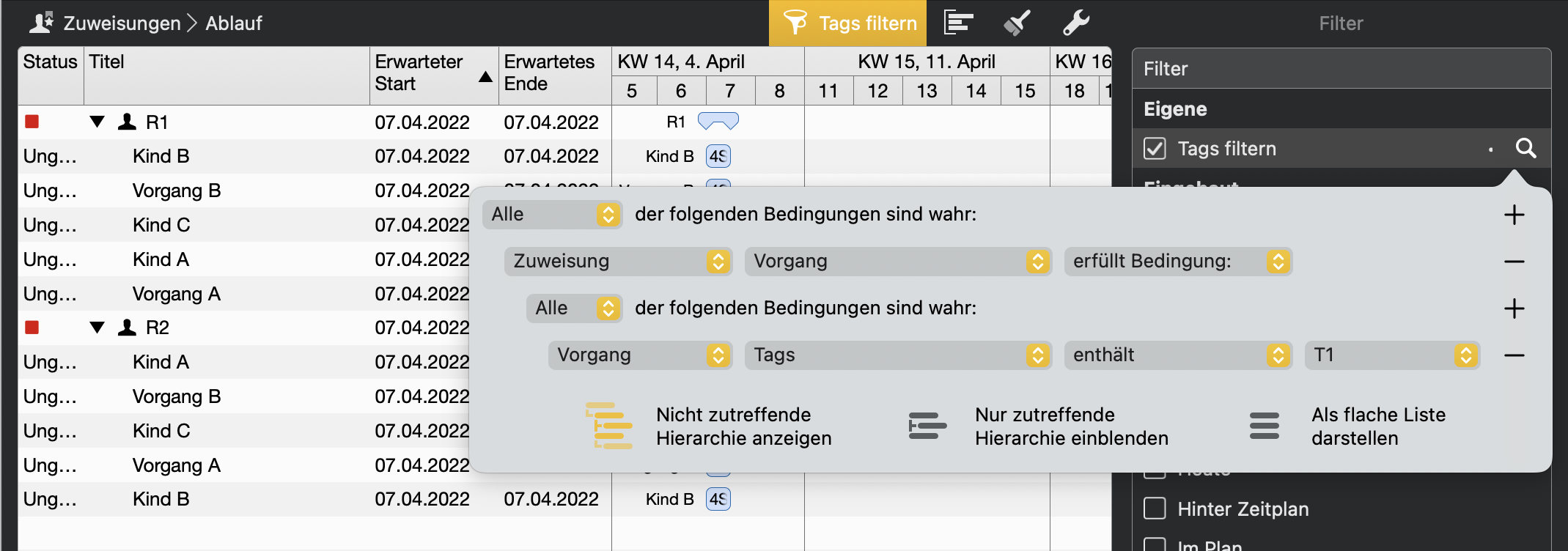 Merlin Project - Zuweisung: Tags in Vorgängen filtern