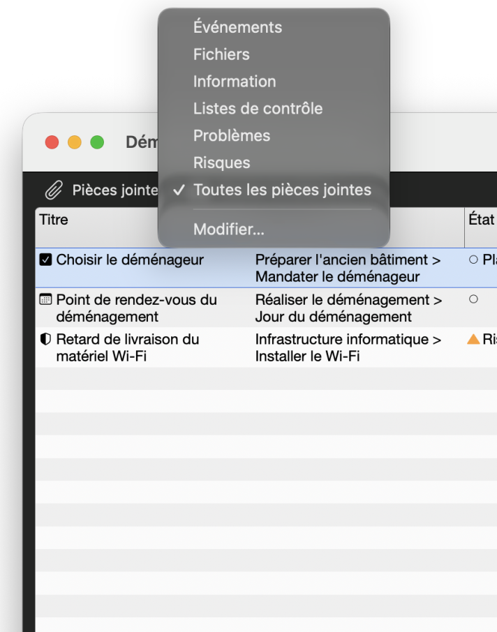 Menu déroulant du filtre de la vue Pièces jointes avec Toutes les pièces jointes, Listes de contrôle, Fichiers, Événements, Informations, Problèmes et Risques