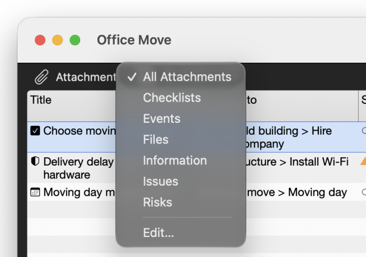 Filter drop-down of the Attachments view with All Attachments, Checklists, Files, Events, Information, Issues and Risks