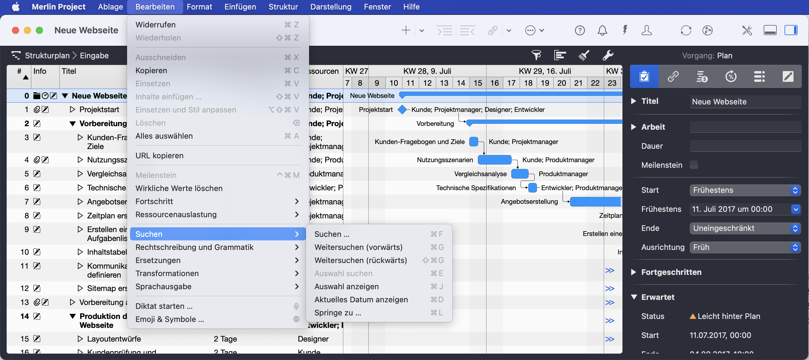Merlin Project Bearbeiten-Menü