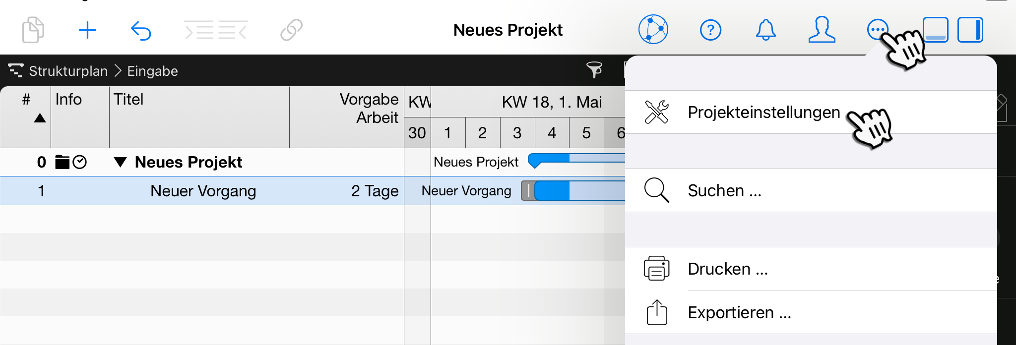 Merlin Project auf dem iPad - Projekteinstellungen Merlin Project auf dem iPad - Projekteinstellungen