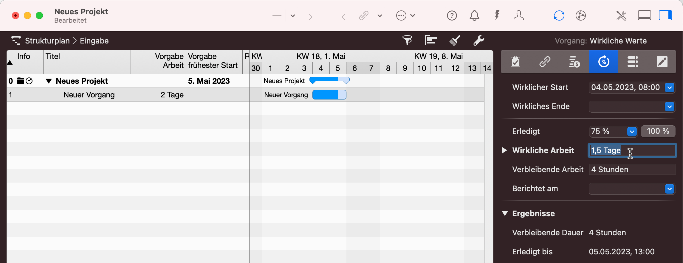 Merlin Projekt - Berechnete Wirkliche Erledigung und  Erwartetes Ende