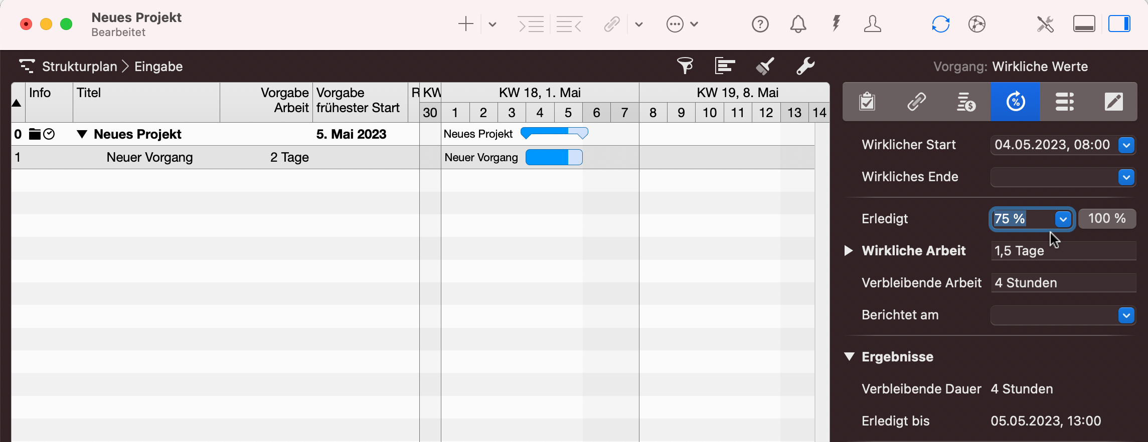 Merlin Projekt - Eingabe des gegenwärtigen Fortschritts als 75% Prozent