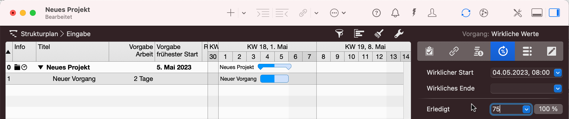 Merlin Project - Eingabe des gegenwärtigen Fortschritts vom 50% auf 75%