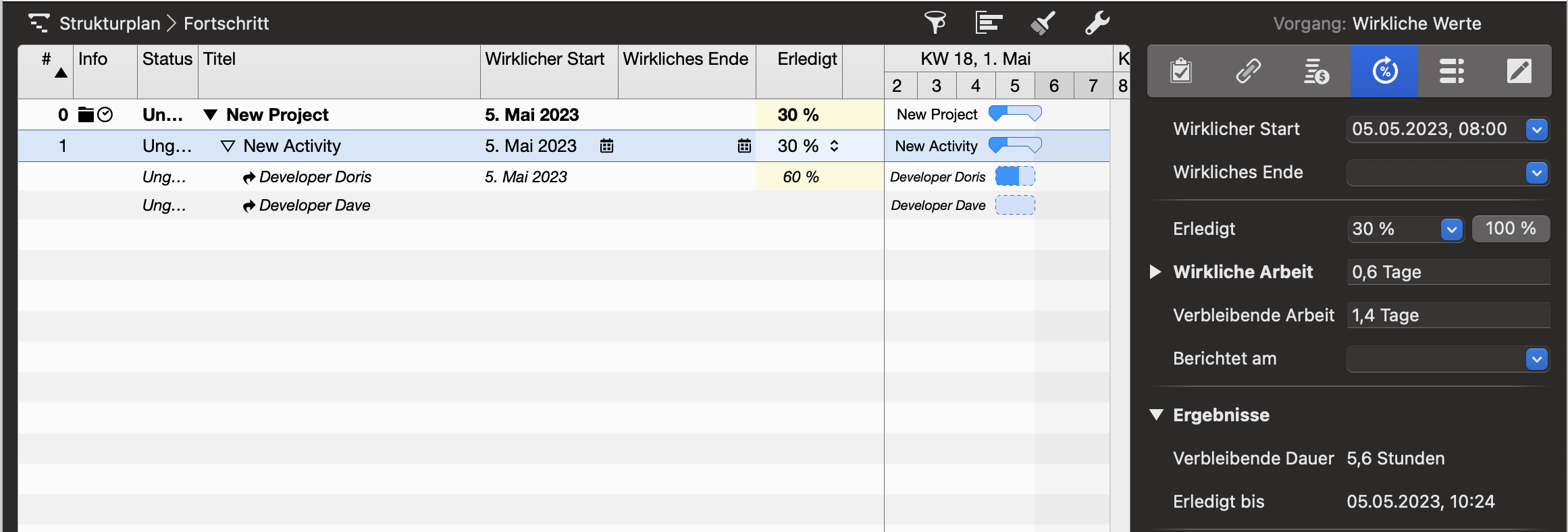 Merlin Project - Fortschritt in der Zuweisung berechnet den Fortschritt der Aktivität, dargestellt in 'Strukturplan > Fortschritt' Merlin Project - Fortschritt in der Zuweisung berechnet den Fortschritt der Aktivität, dargestellt in 'Strukturplan > Fortschritt'