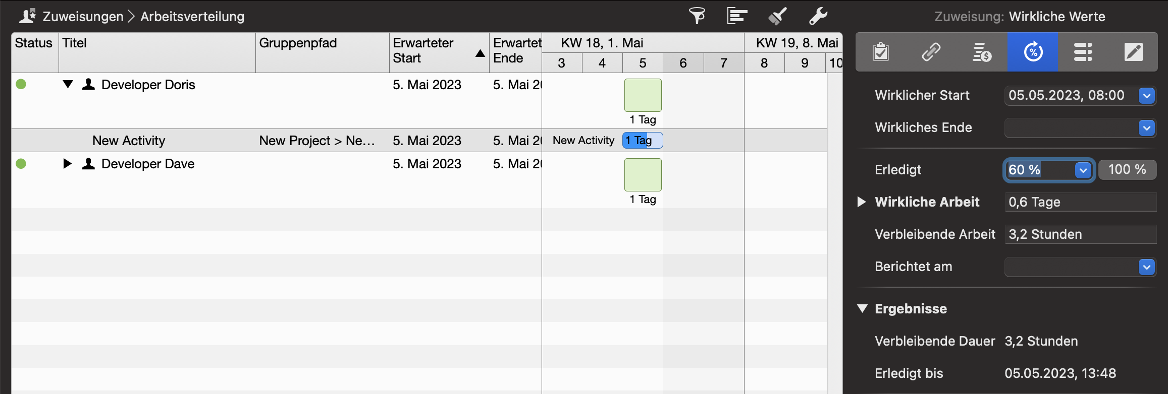 Merlin Project - Eingetragener Fortschritt in der Aufgabenansicht Merlin Project - Eingetragener Fortschritt in der Aufgabenansicht