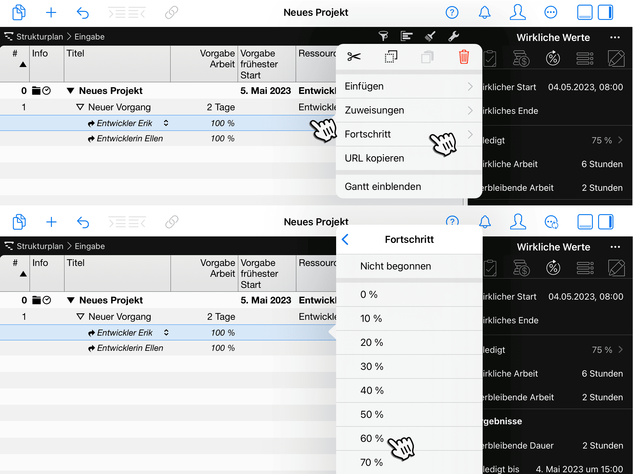 Merlin Project auf dem iPad - Fertigstellung ändern Merlin Project auf dem iPad - Fertigstellung ändern