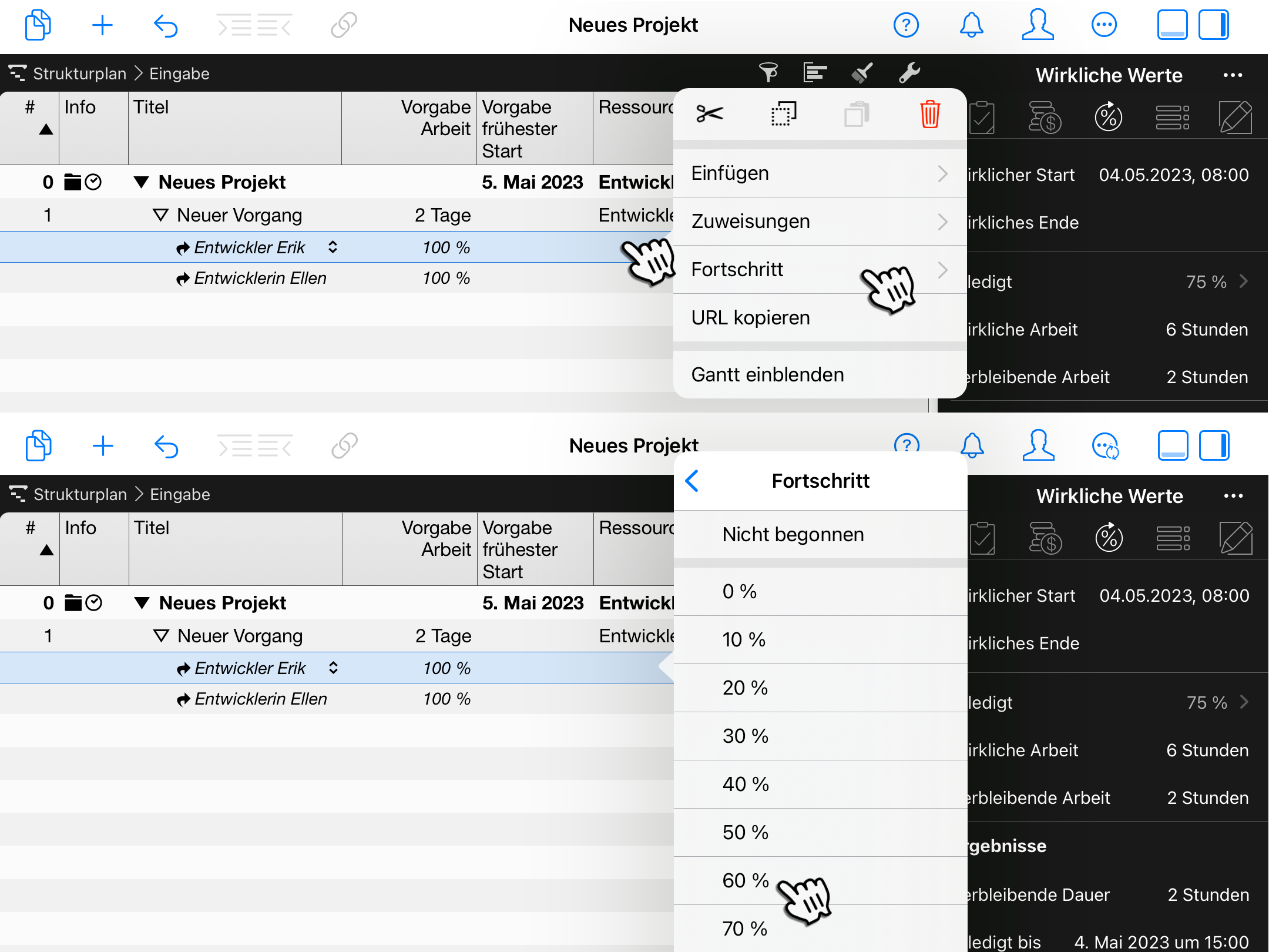Merlin Project auf dem iPad - Fertigstellung ändern Merlin Project auf dem iPad - Fertigstellung ändern