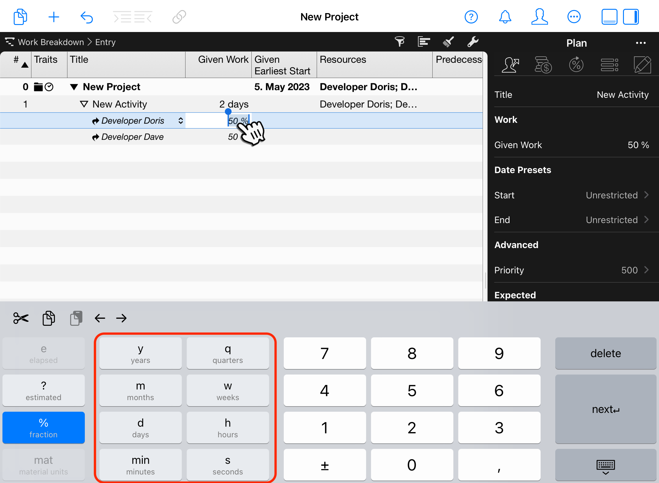 iPad 上的 Merlin Project － 按 % 或单位分派工作