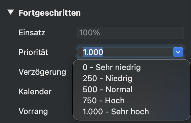Priorität im Inspektor, Bereich Fortgeschritten Priorität im Inspektor, Bereich Fortgeschritten