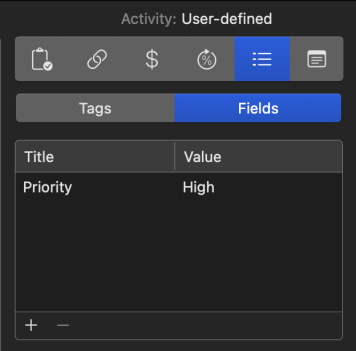 Inspector Activity: User-defined, Fields tab with a custom field and its value