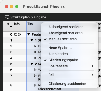 Kontextmenü einer Spaltenüberschrift mit Aufsteigend sortieren, Absteigend sortieren, Manuell sortieren und Neue Spalte