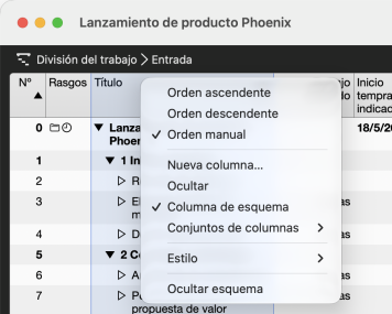 Menú contextual de un encabezado de columna con Orden ascendente, Orden descendente, Orden manual y Nueva columna