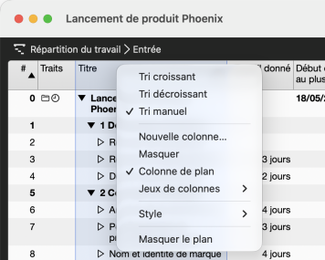 Menu contextuel d’un en-tête de colonne avec Tri croissant, Tri décroissant, Tri manuel et Nouvelle colonne