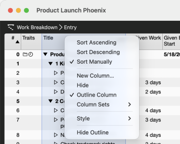 Shortcut menu of a column header with Sort Ascending, Sort Descending, Sort Manually and New Column