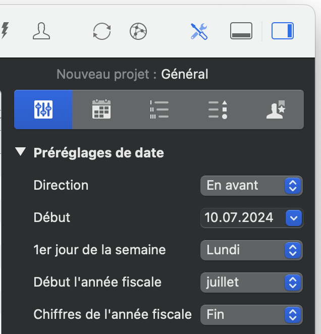 L'inspecteur des paramètres de projet dans Merlin Project