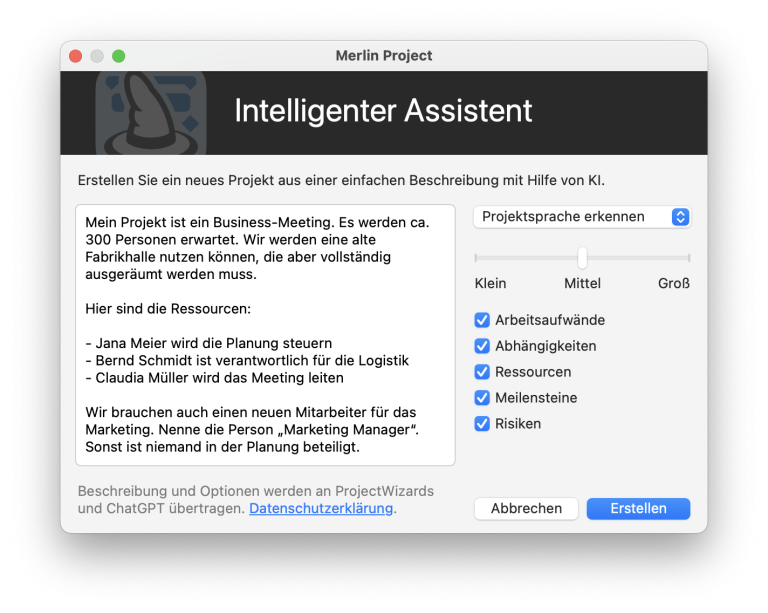 Der intelligente Assistent für neue Projekte in Merlin Project 9