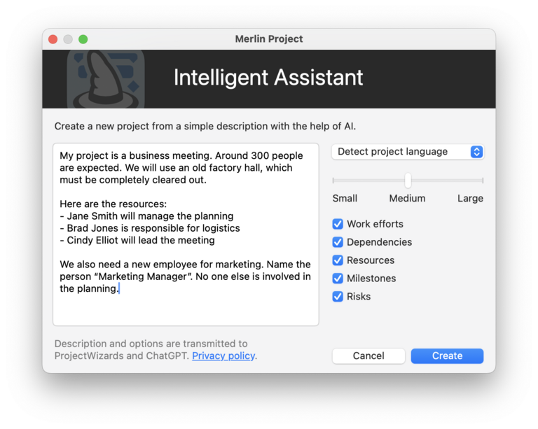 The intelligent assistant for new projects in Merlin Project 9 The intelligent assistant for new projects in Merlin Project 9
