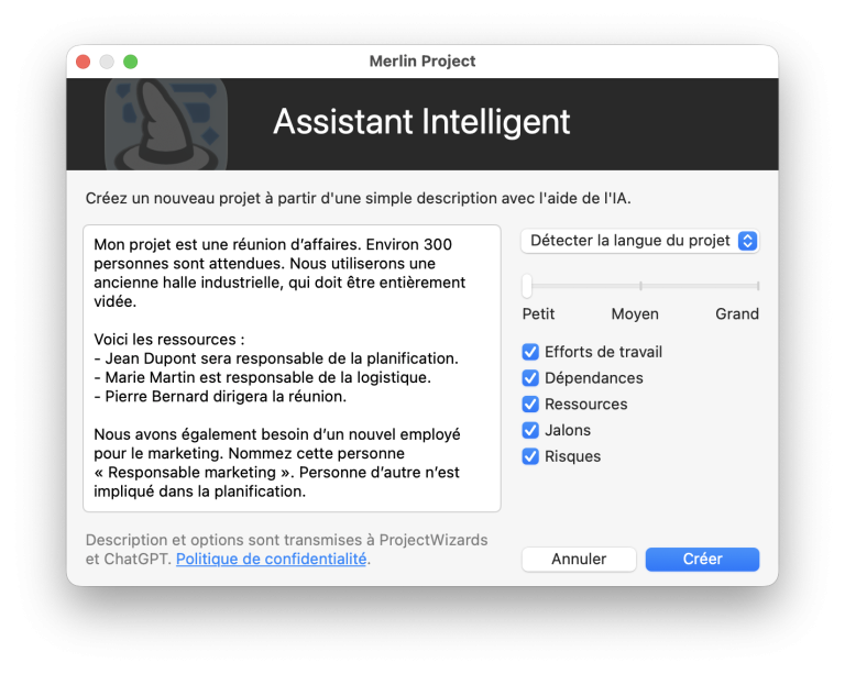 L’assistant intelligent pour les nouveaux projets dans Merlin Project 9
