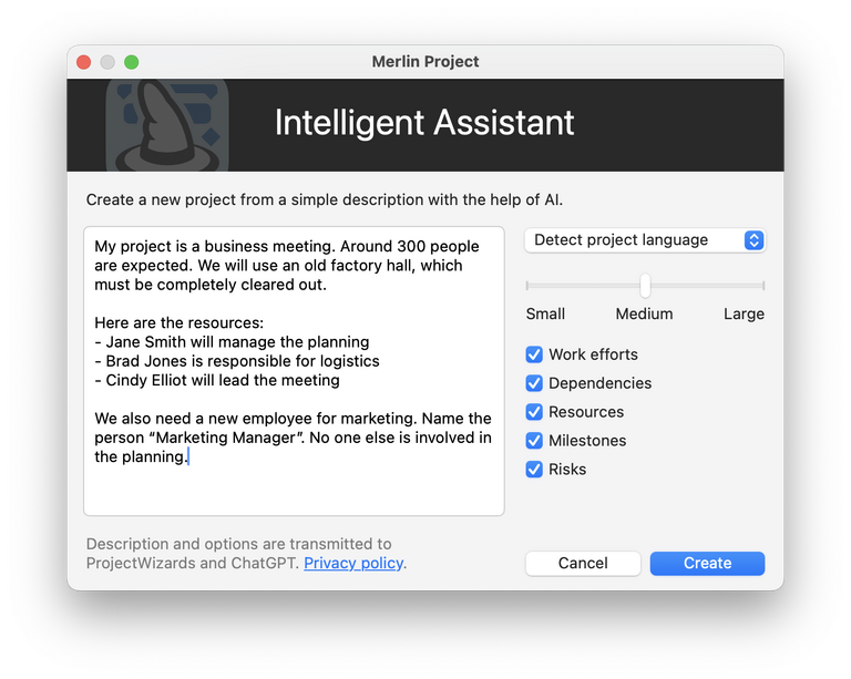 The intelligent assistant for new projects in Merlin Project 9