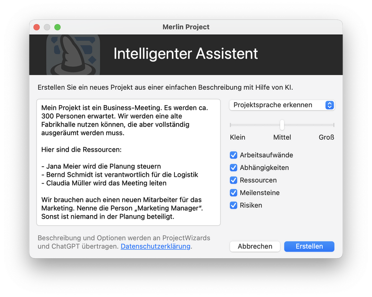Der intelligente Assistent für neue Projekte in Merlin Project 9 Der intelligente Assistent für neue Projekte in Merlin Project 9