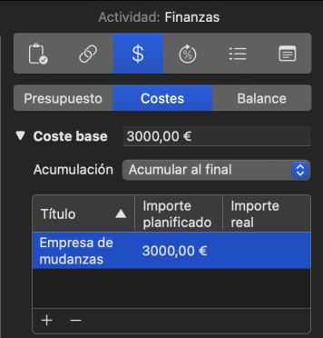 Inspector de finanzas de Merlin Project, pestaña Costes de Transporte de muebles con coste base 3.000 euros, acumulación Acumular al final y punto de coste Empresa de mudanzas